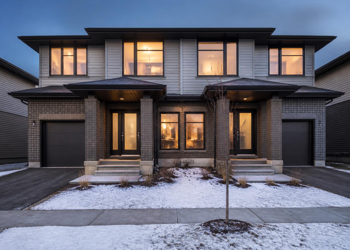 A duplex rental home with warm lights at dusk